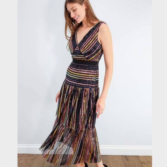 New Self-Portrait Tiered Striped Sequin Midi Dress Multi Color Size 8 - Picture 2 of 9